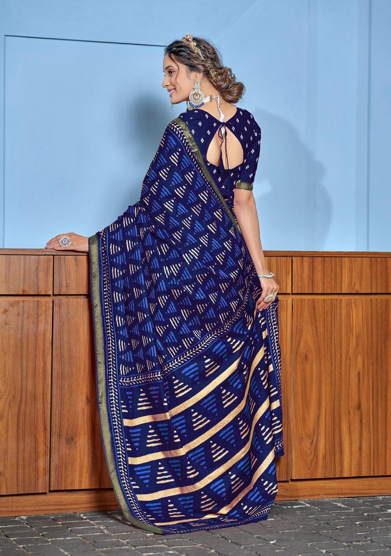 Blue Geometric Print Cotton Saree Set - Indya