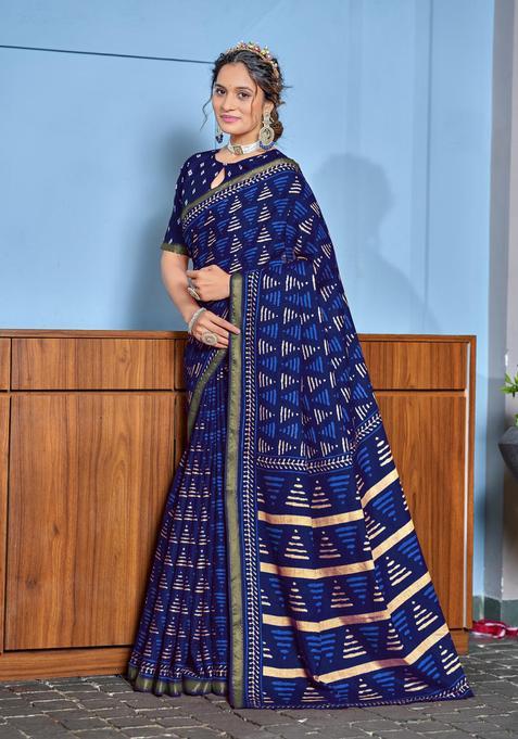 Blue Geometric Print Cotton Saree Set