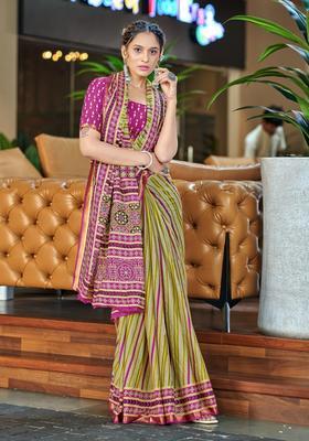 Green Stripes Cotton Saree Set
