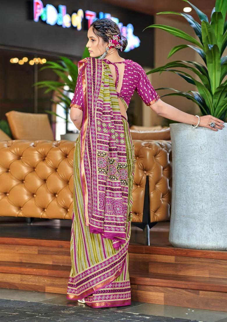 Green Stripes Cotton Saree Set - Indya