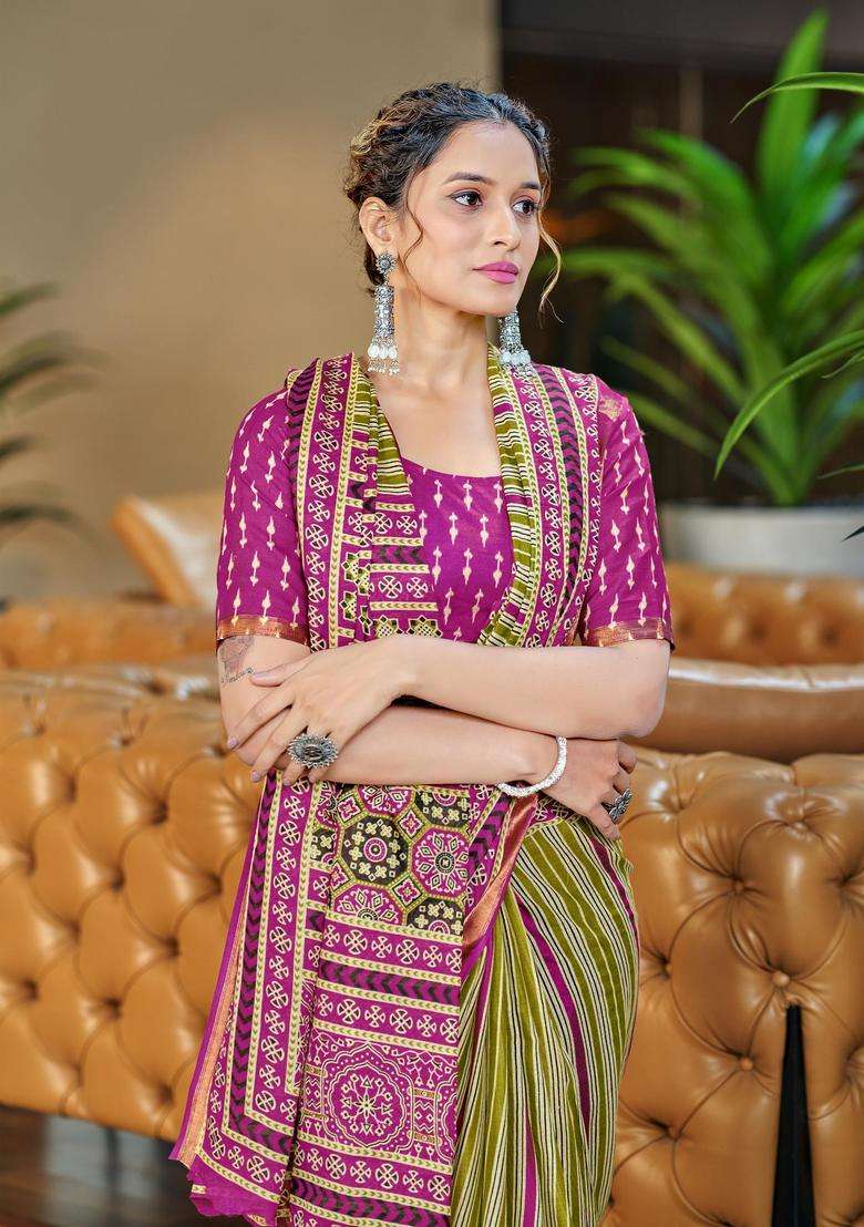 Green Stripes Cotton Saree Set for Diwali and Festive Wear - Indya
