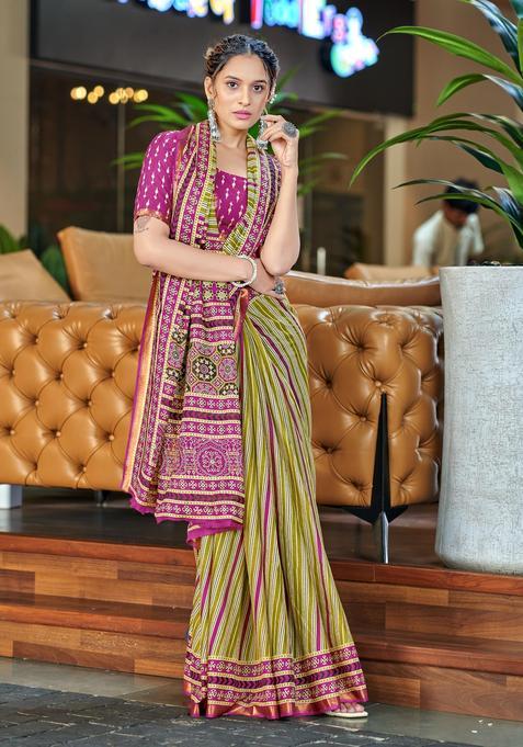 Green Stripes Cotton Saree Set