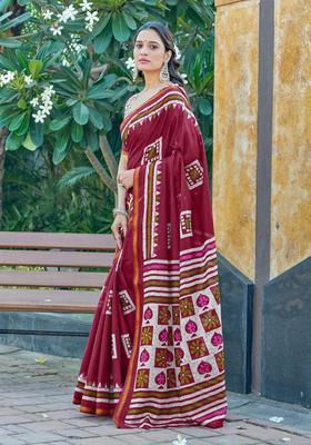 Maroon Geometric Print Cotton Saree Set