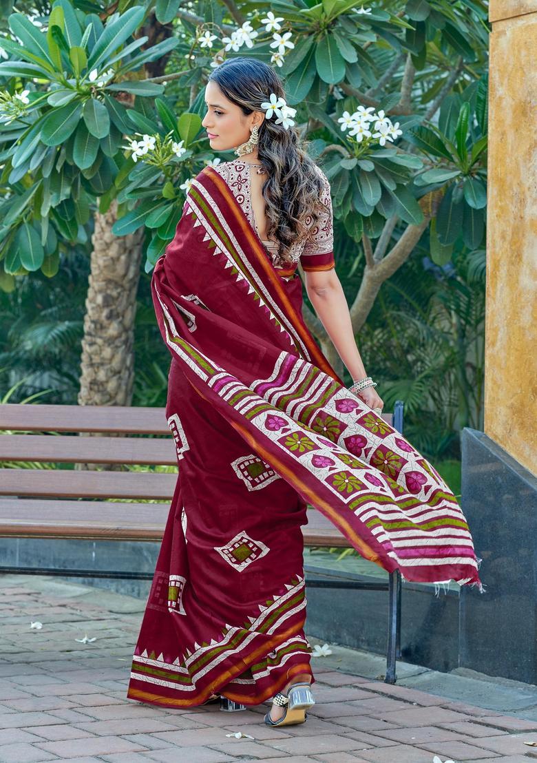 Maroon Geometric Print Cotton Saree Set - Indya
