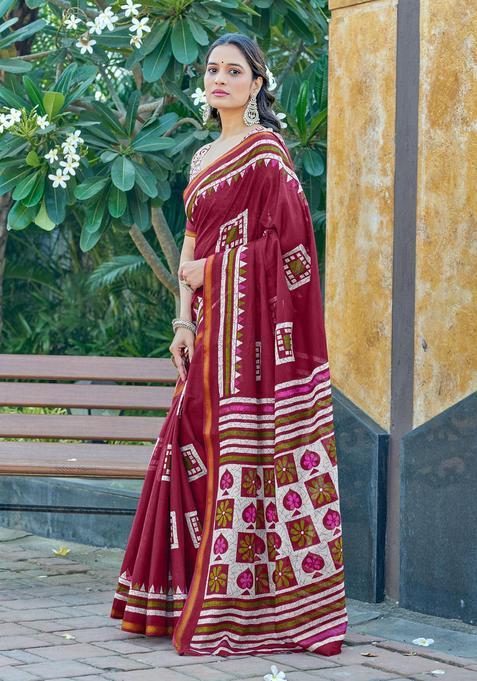 Maroon Geometric Print Cotton Saree Set