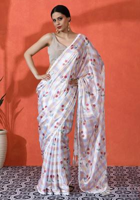 Multicolor Checked Chinon Saree Set