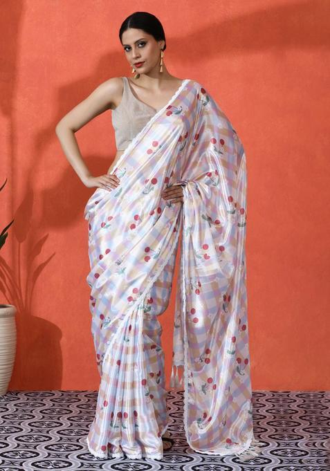 Multicolor Checked Chinon Saree Set
