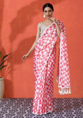Red Checked Chinon Saree Set