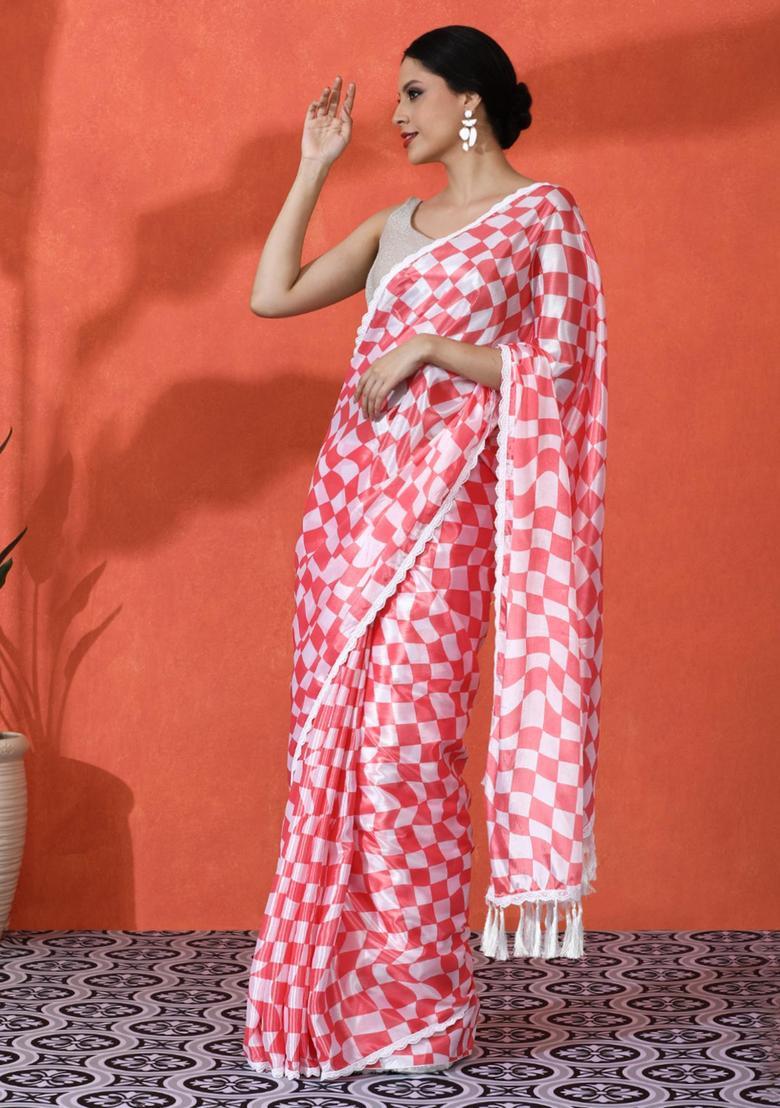 Red Checked Chinon Saree Set - Indya