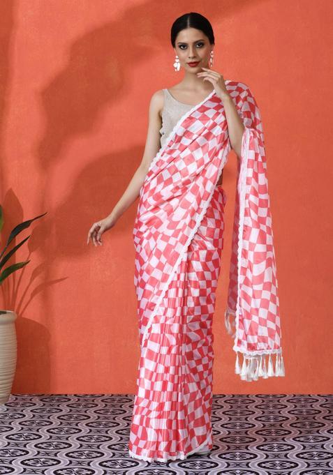 Red Checked Chinon Saree Set
