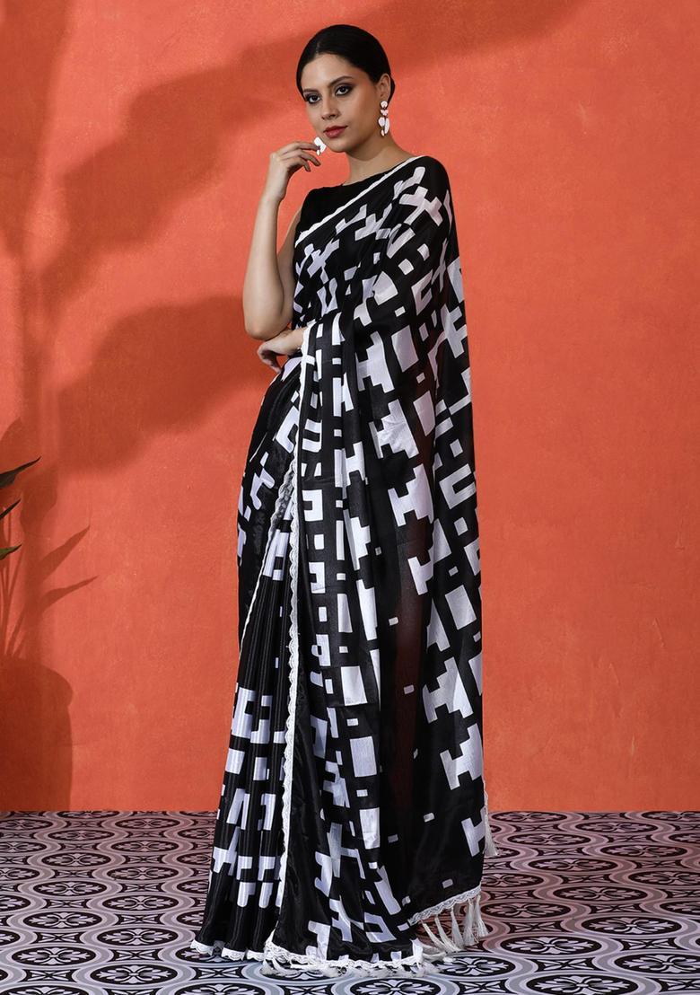 Black Geometric Print Chinon Saree Set - Indya