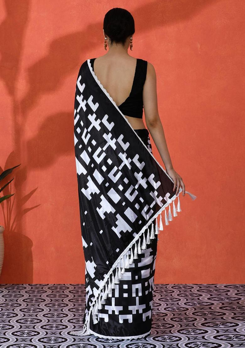 Black Geometric Print Chinon Saree Set - Indya