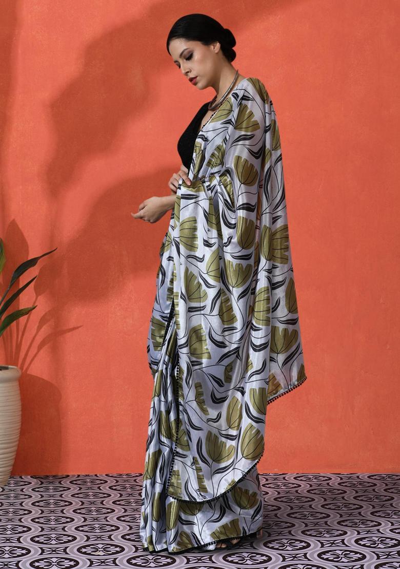 Green Floral Print Chinon Saree Set - Indya