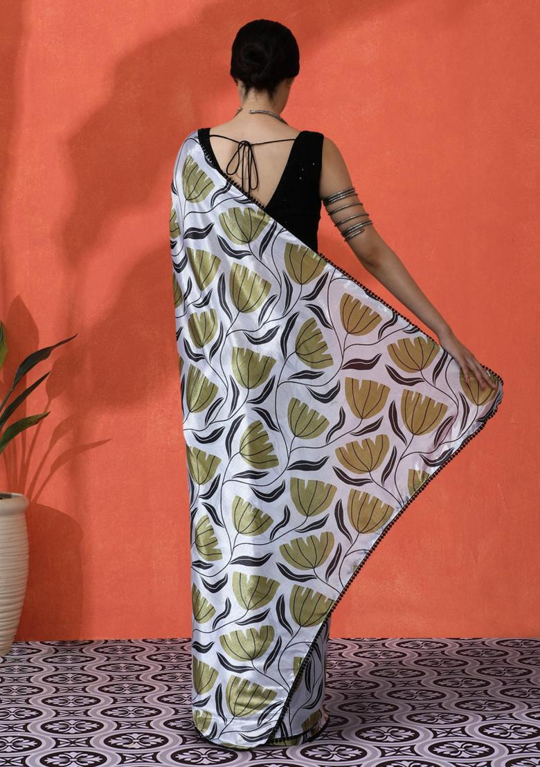 Green Floral Print Chinon Saree Set - Indya