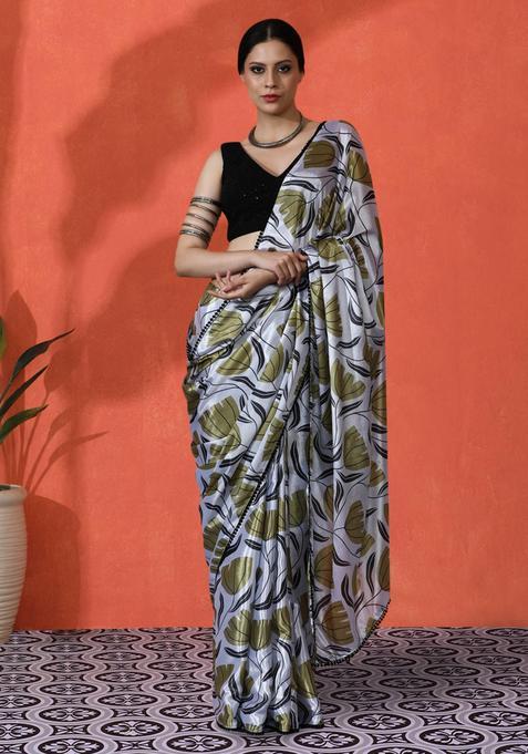 Green Floral Print Chinon Saree Set