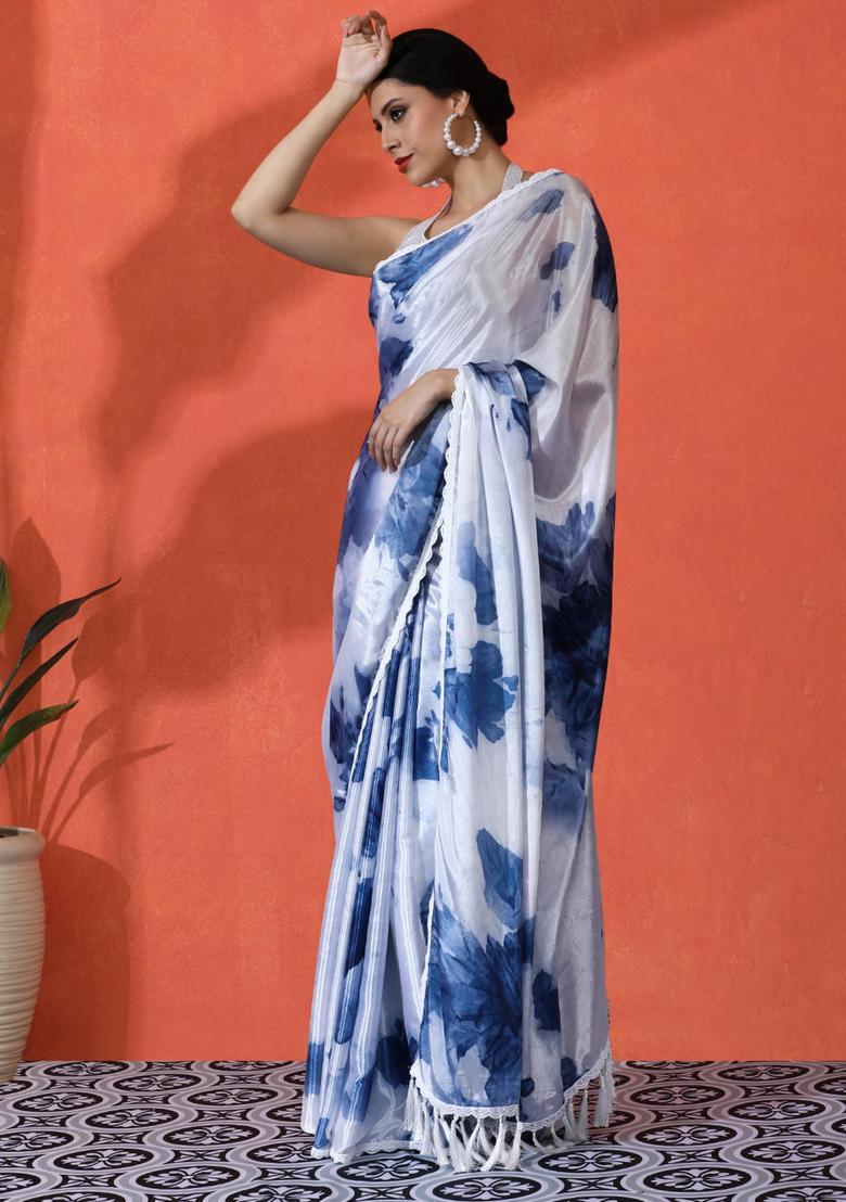 White Floral Print Chinon Saree Set - Indya