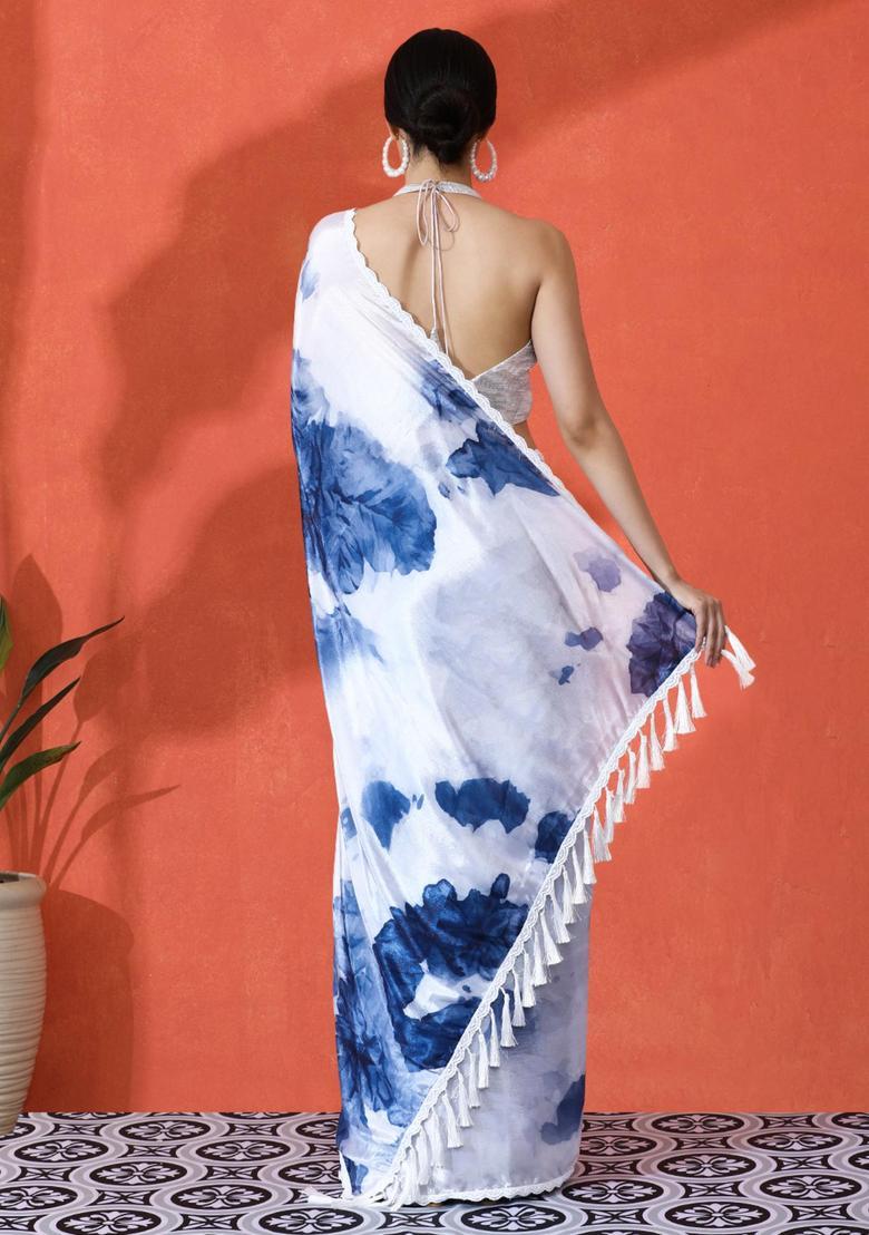 White Floral Print Chinon Saree Set - Indya