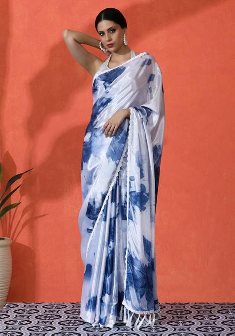 White Floral Print Chinon Saree Set