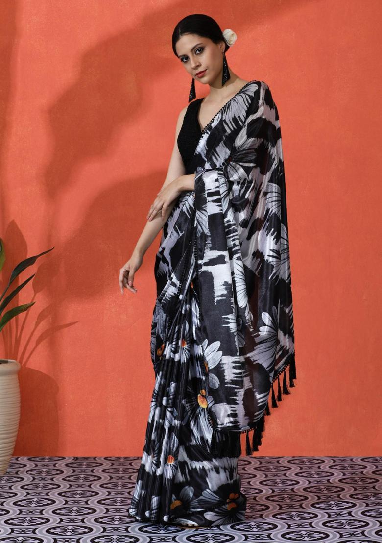Black Floral Print Chinon Saree Set - Indya