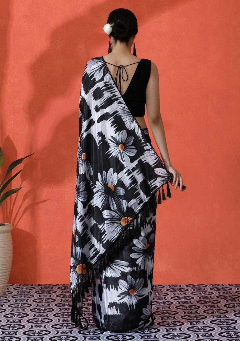 Black Floral Print Chinon Saree Set - Indya
