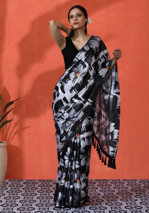 Black Floral Print Chinon Saree Set