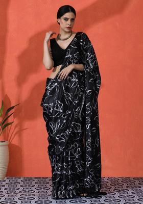 Black Floral Print Chinon Saree Set