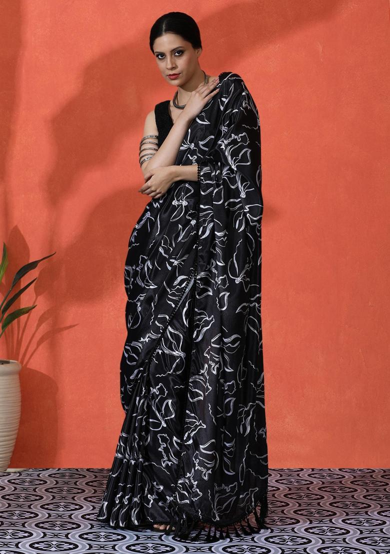 Black Floral Print Chinon Saree Set - Indya