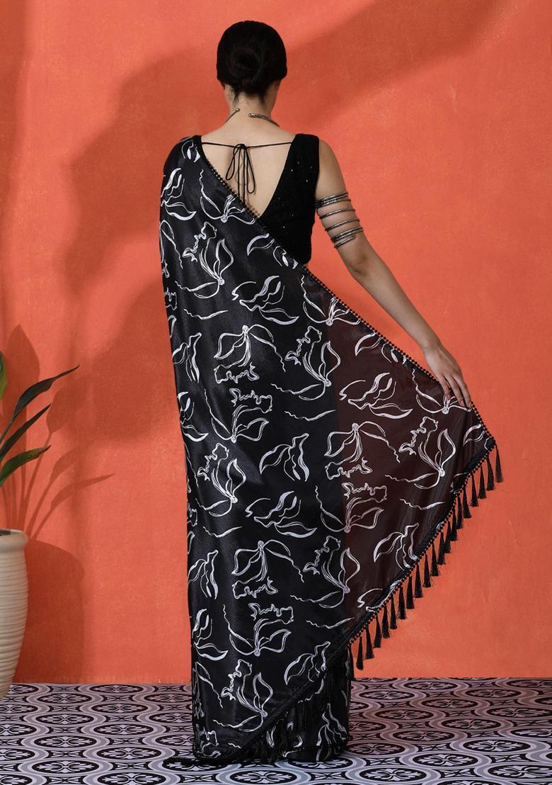 Black Floral Print Chinon Saree Set - Indya