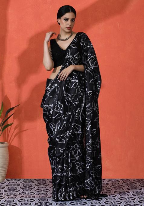Black Floral Print Chinon Saree Set