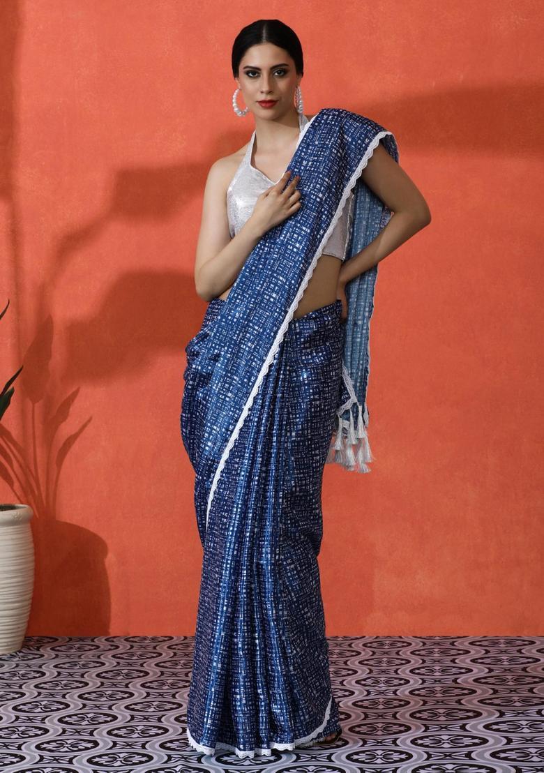 Blue Checked Chinon Saree Set - Indya