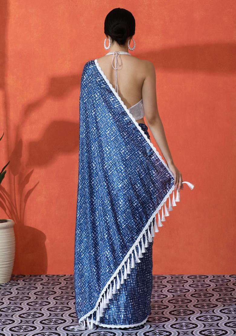Blue Checked Chinon Saree Set - Indya