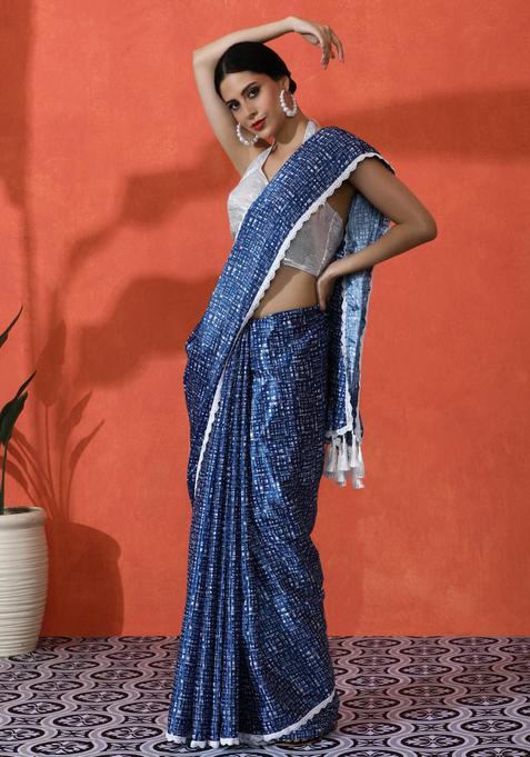 Blue Checked Chinon Saree Set