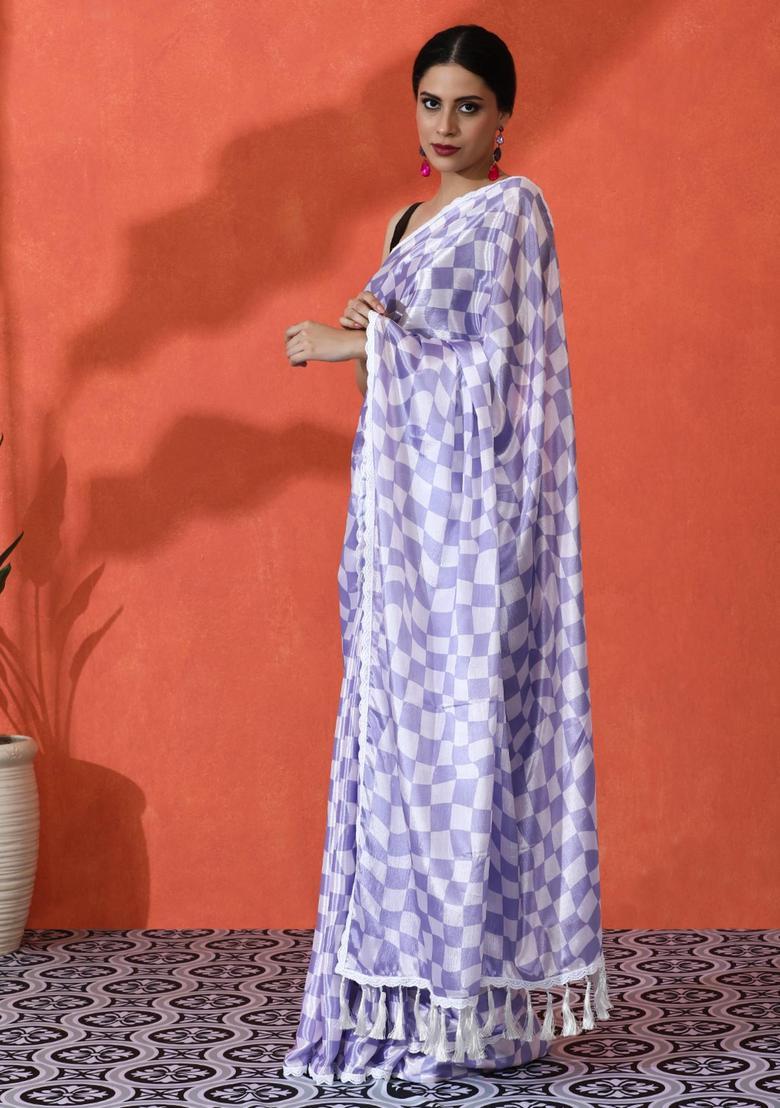 Lavender Checked Chinon Saree Set - Indya
