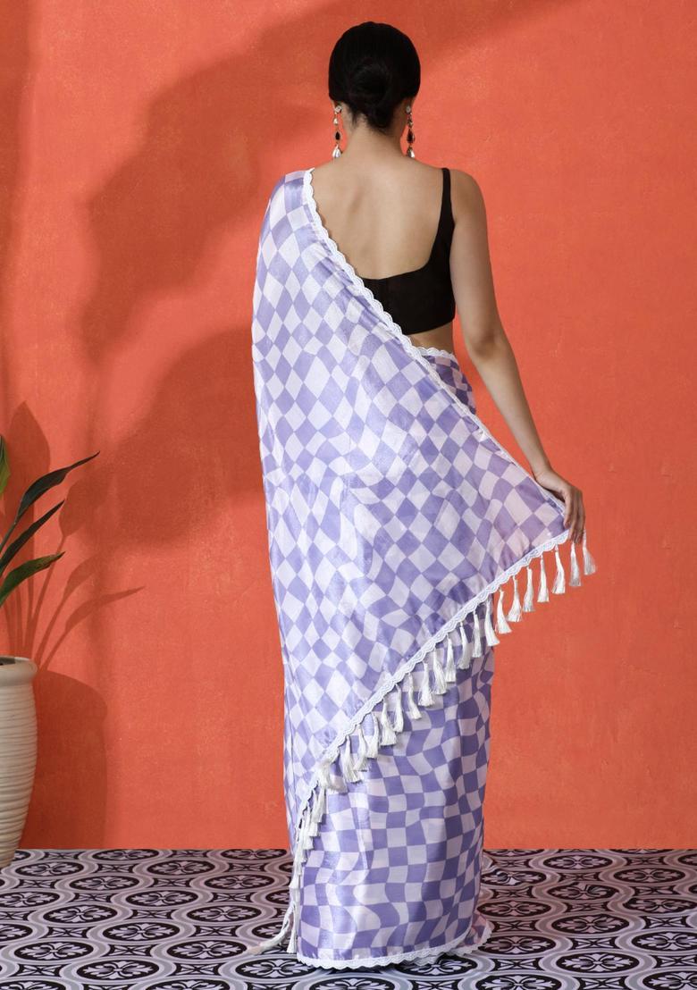 Lavender Checked Chinon Saree Set - Indya