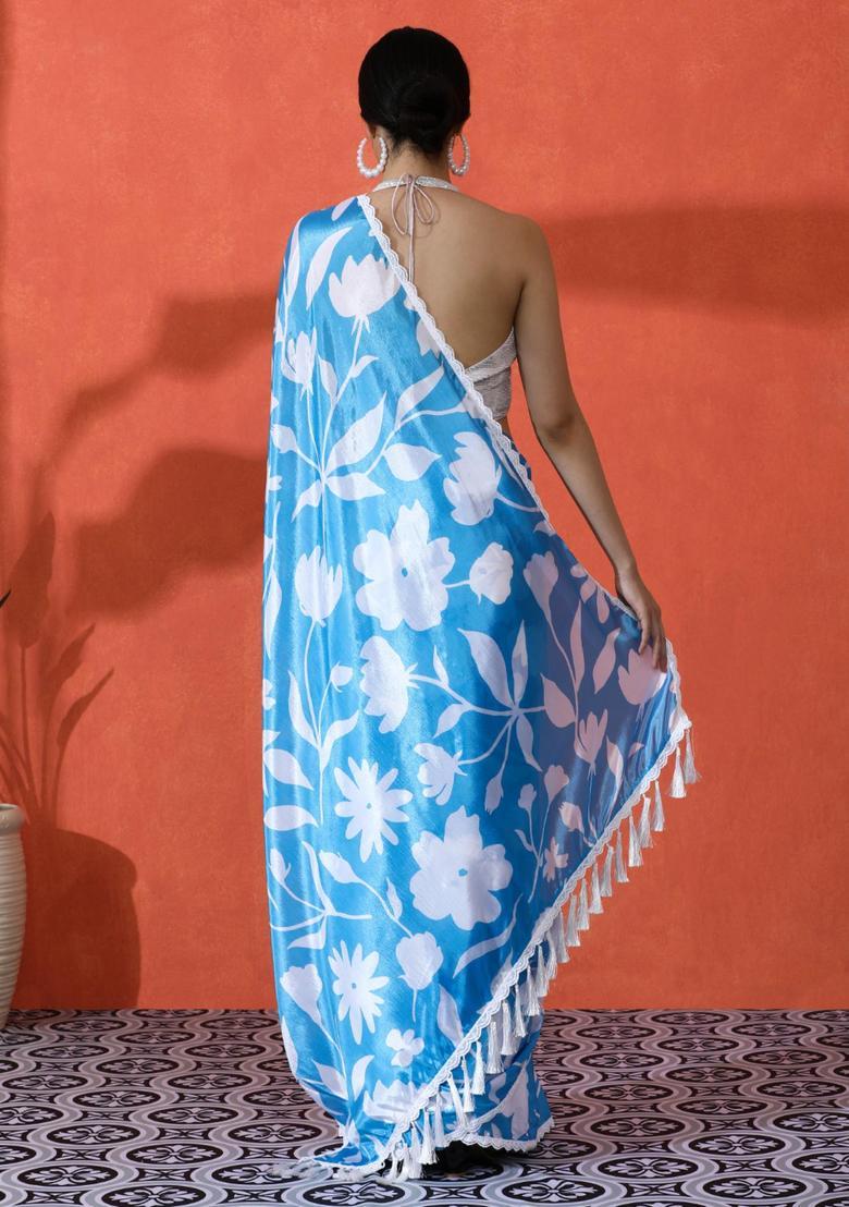 Blue Floral Print Chinon Saree Set - Indya