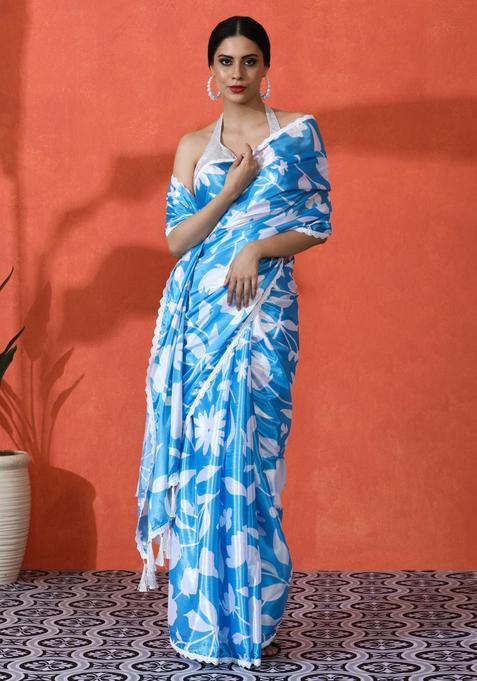 Blue Floral Print Chinon Saree Set