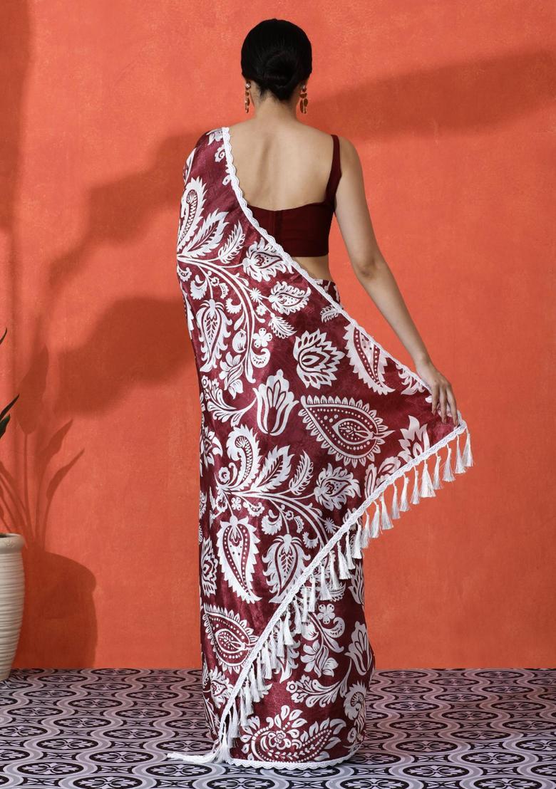 Red Floral Print Chinon Saree Set - Indya
