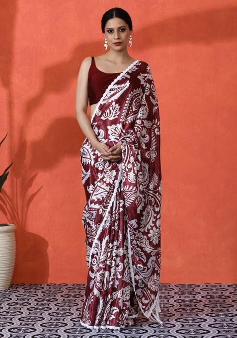 Red Floral Print Chinon Saree Set