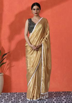 Yellow Checked Chinon Saree Set