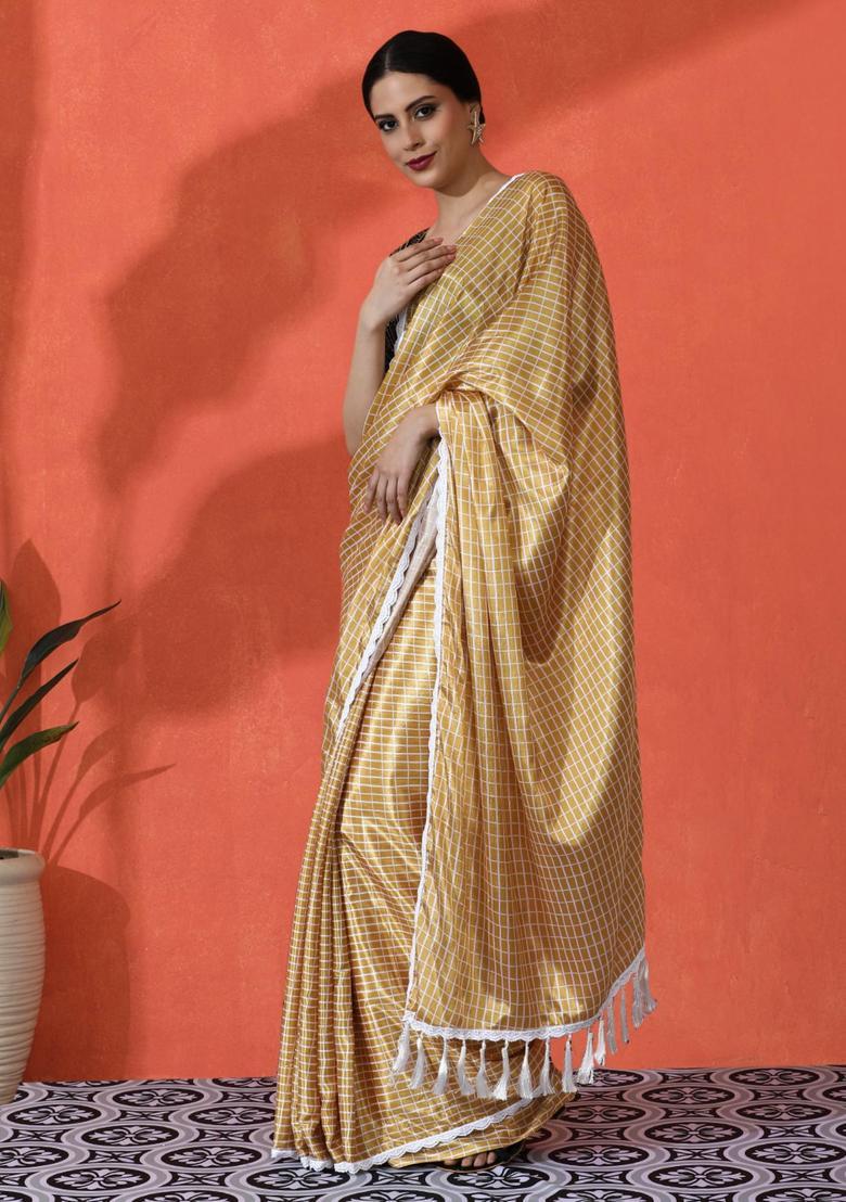 Yellow Checked Chinon Saree Set - Indya