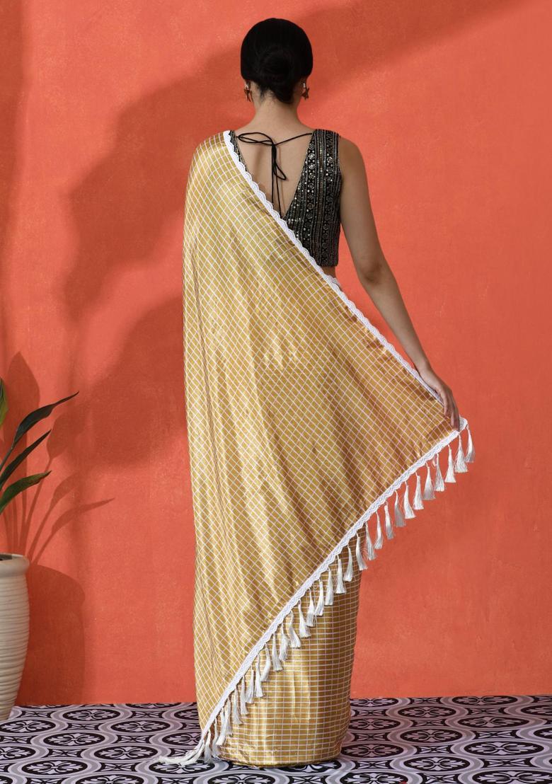 Yellow Checked Chinon Saree Set - Indya