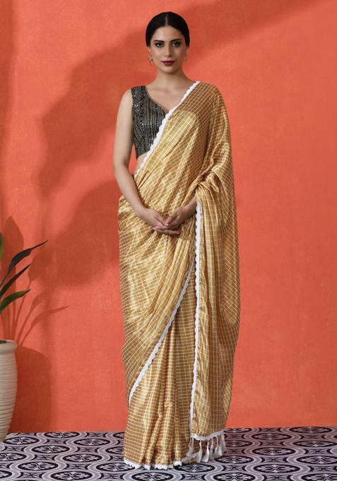 Yellow Checked Chinon Saree Set