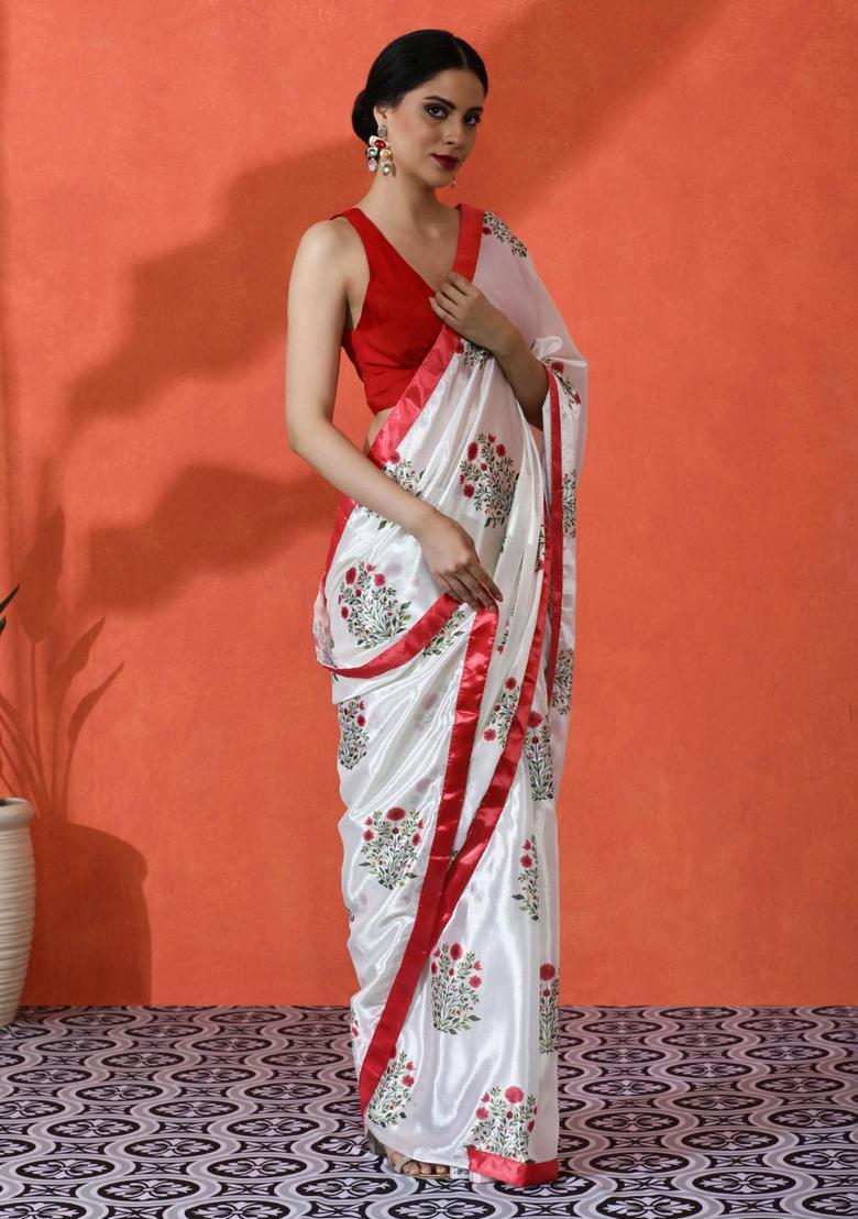 White Floral Print Chinon Saree Set - Indya