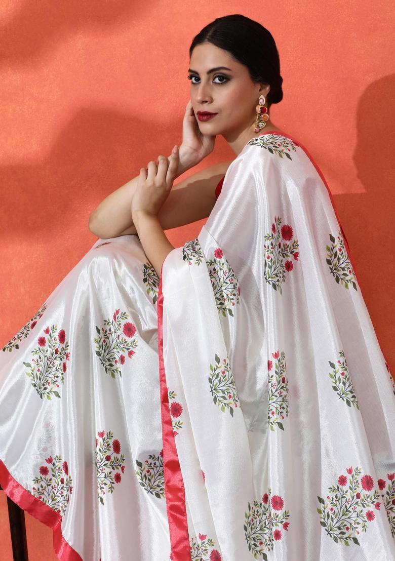 White Floral Print Chinon Saree Set - Indya