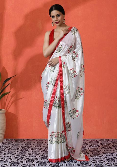 White Floral Print Chinon Saree Set
