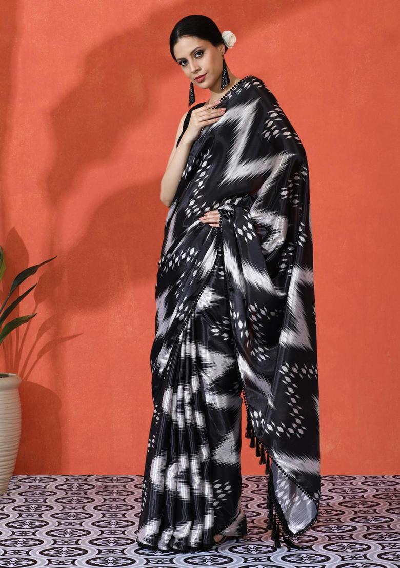 Black Geometric Print Chinon Saree Set - Indya