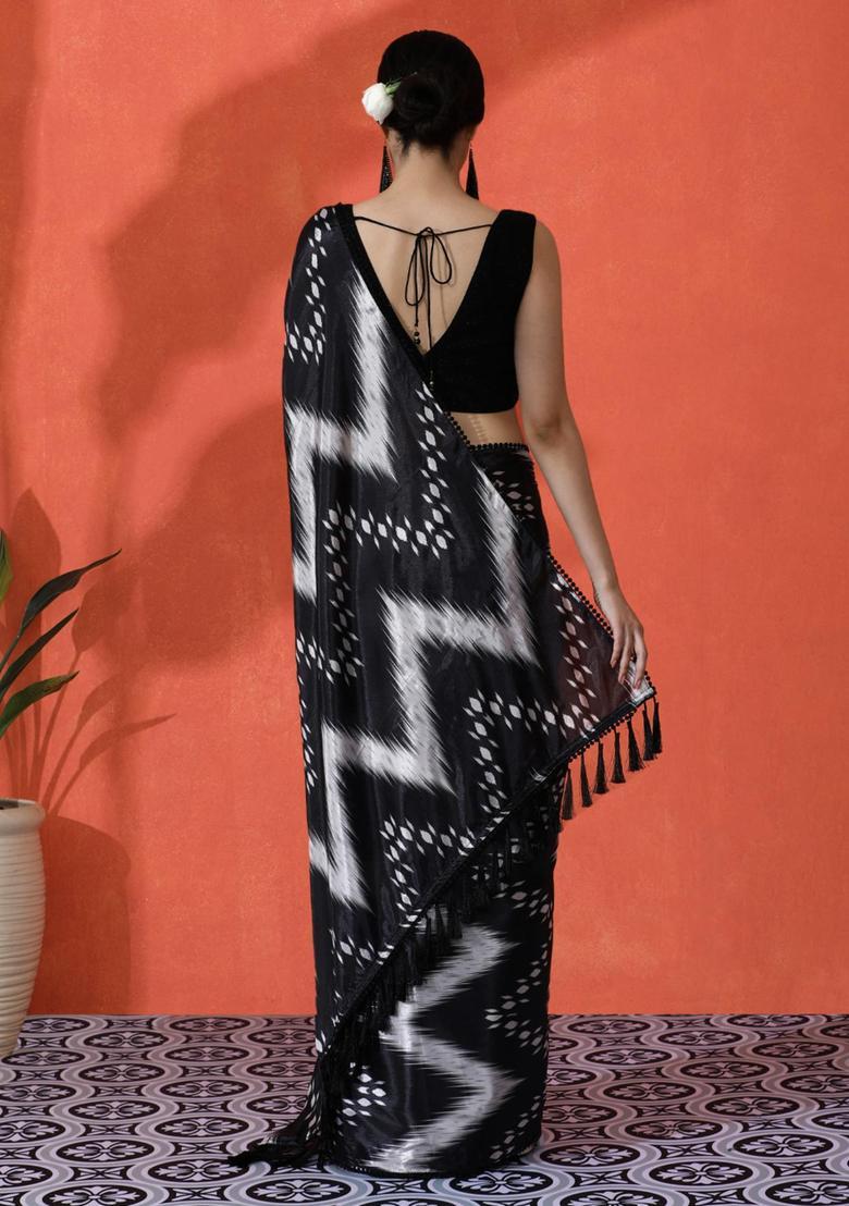 Black Geometric Print Chinon Saree Set - Indya