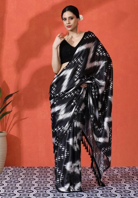 Black Geometric Print Chinon Saree Set