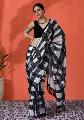 Black Checked Chinon Saree Set