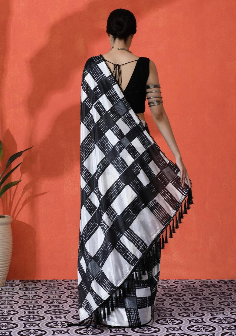 Black Checked Chinon Saree Set - Indya